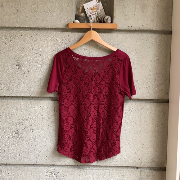Deep red scoop neck top with sheer lace back - Picture 5 of 12